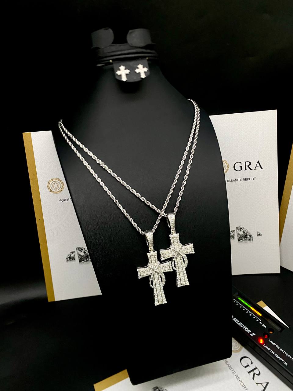 Silver-Tone Moissanite Cross Pendant Necklace with Matching Earrings