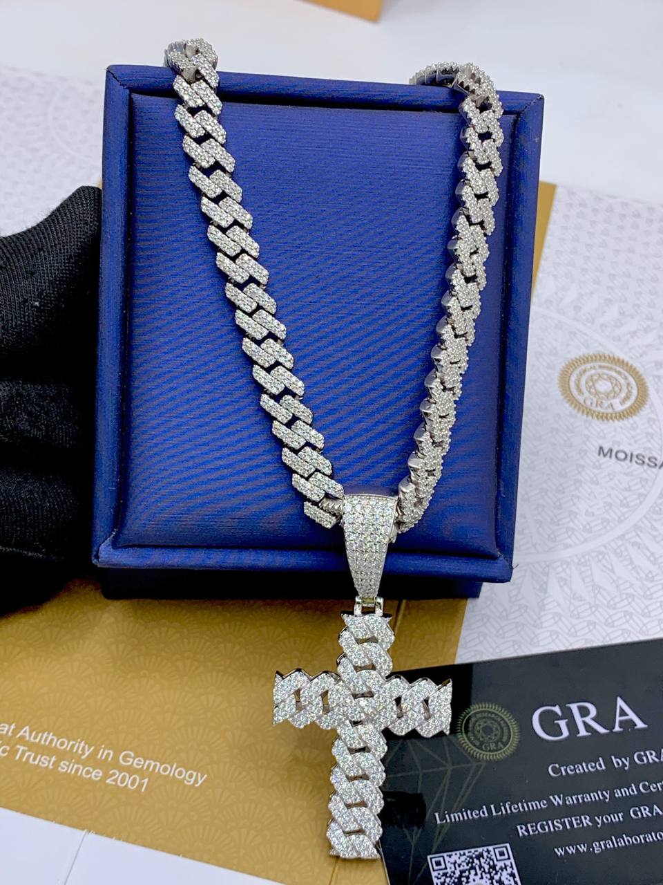 Moissanite Cuban Link Chain with a Cross Pendant