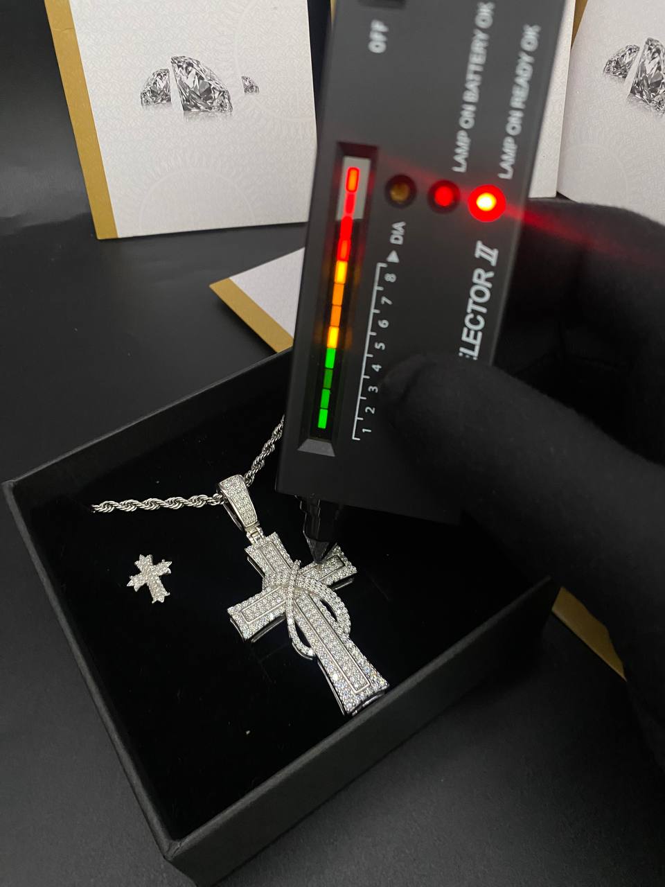 Silver-Tone Moissanite Cross Pendant Necklace with Matching Earrings