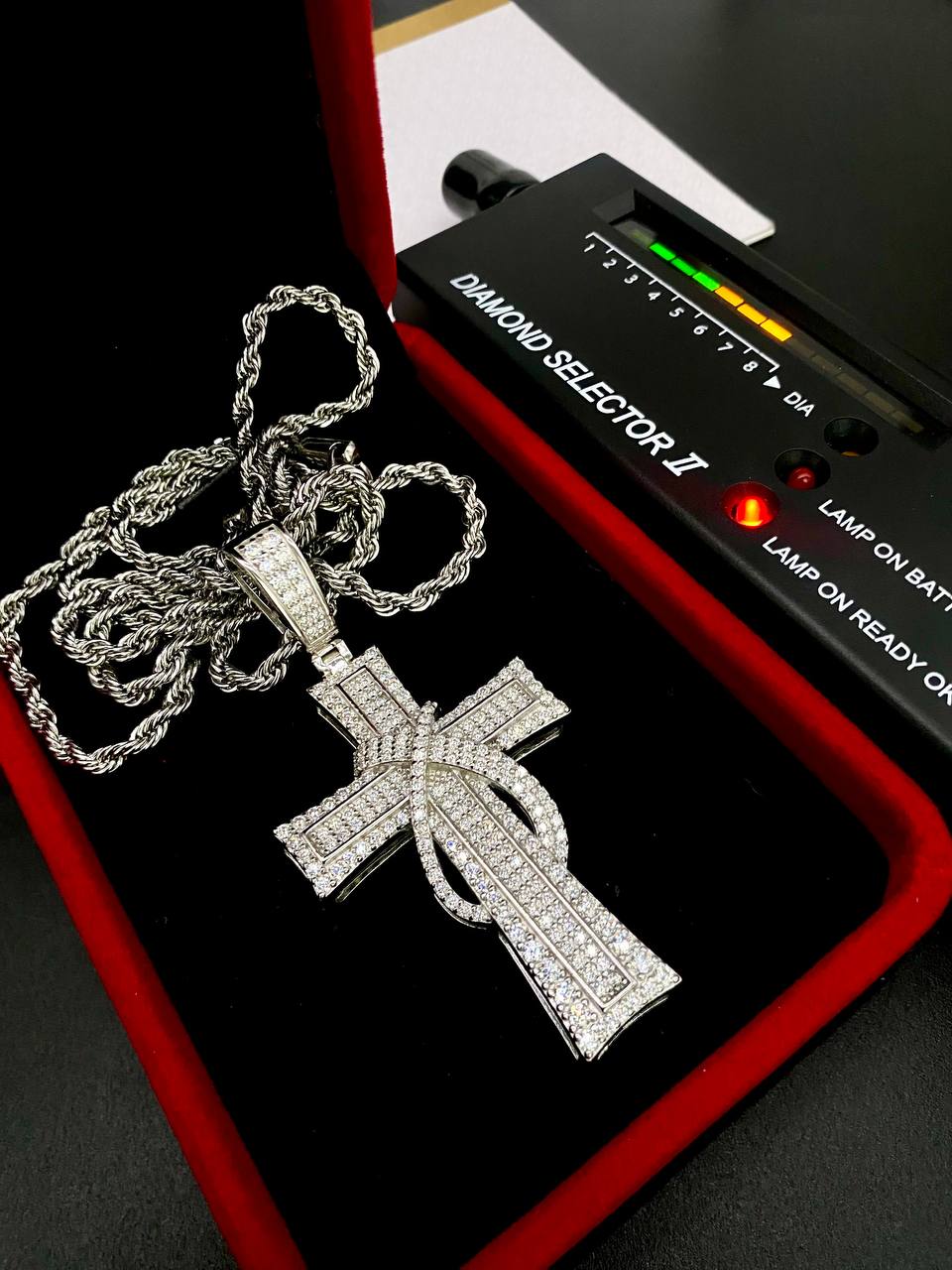 Silver-Tone Moissanite Cross Pendant Necklace with Matching Earrings