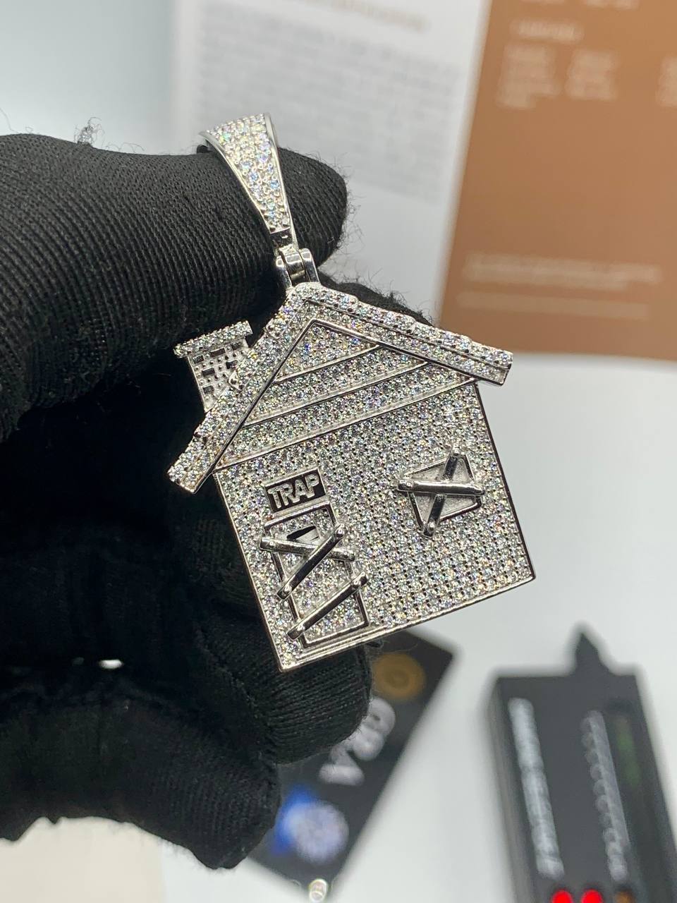 Iced-Out Trap House Pendant on a Neck Chain