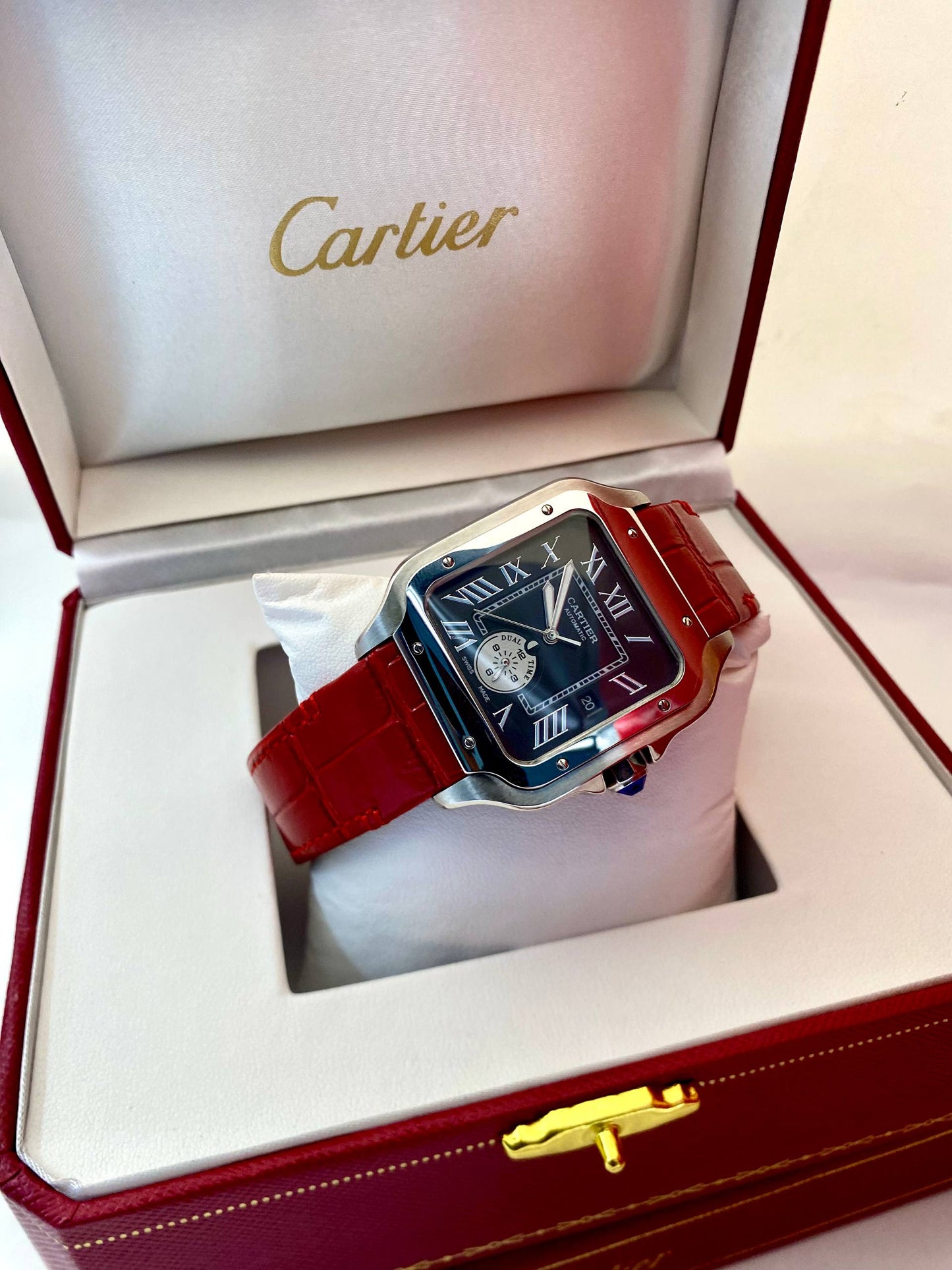 Cartier Santos Automatic Luxury Watch – Red Leather Strap
