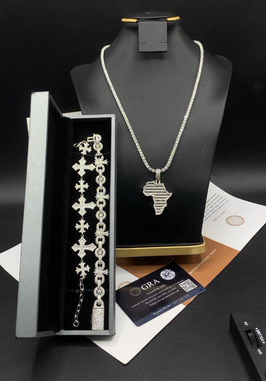 VVS Moissanite Diamond Bracelets, Map Pendant, and Tennis Necklace.