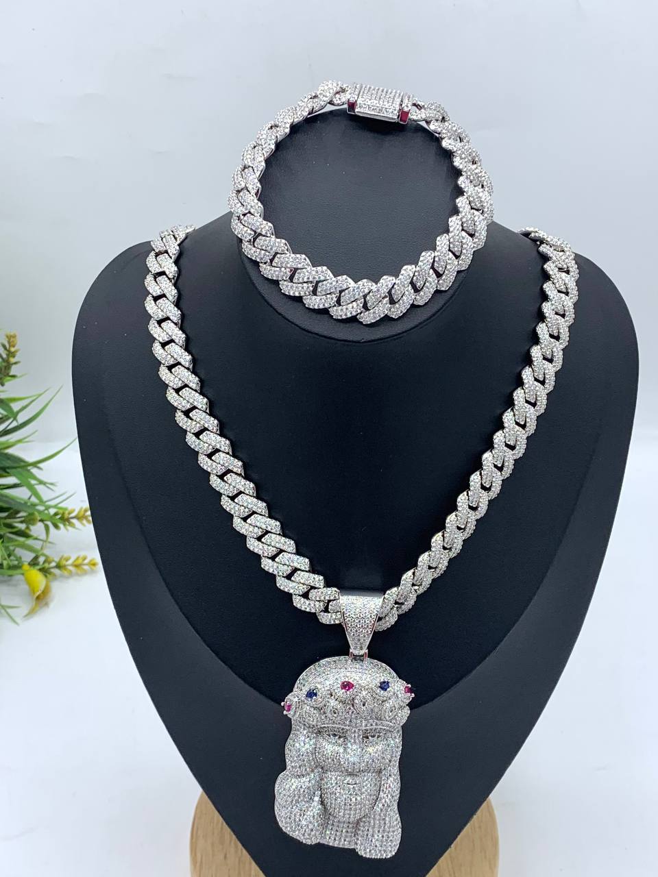 Zirconia Cuban Neck Chain with Jesus Pendant and Matching Bracelet