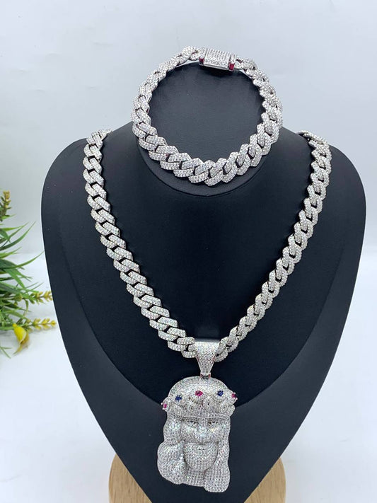 Zirconia Cuban Neck Chain with Jesus Pendant and Matching Bracelet
