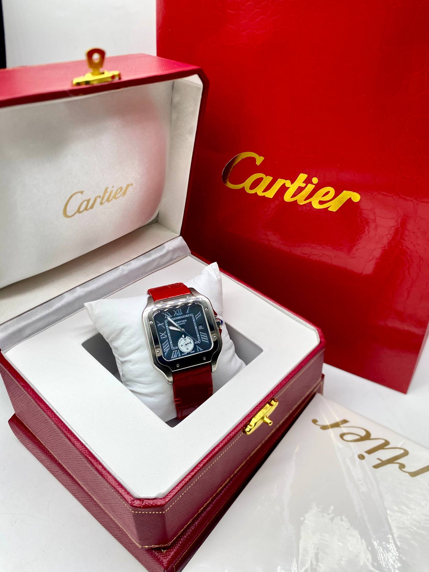 Cartier Santos Automatic Luxury Watch – Red Leather Strap