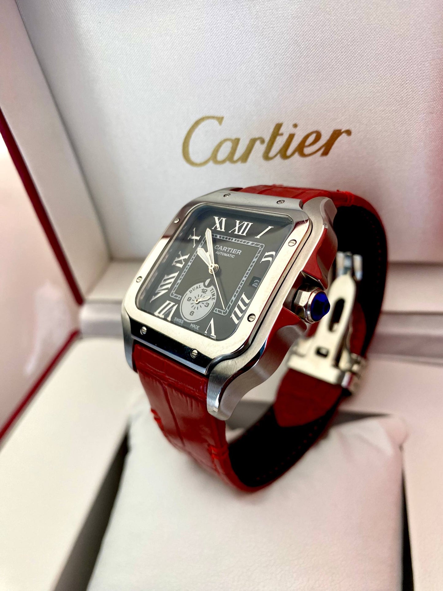 Cartier Santos Automatic Luxury Watch – Red Leather Strap