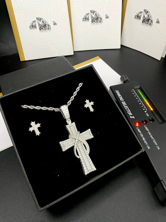 Silver-Tone Moissanite Cross Pendant Necklace with Matching Earrings