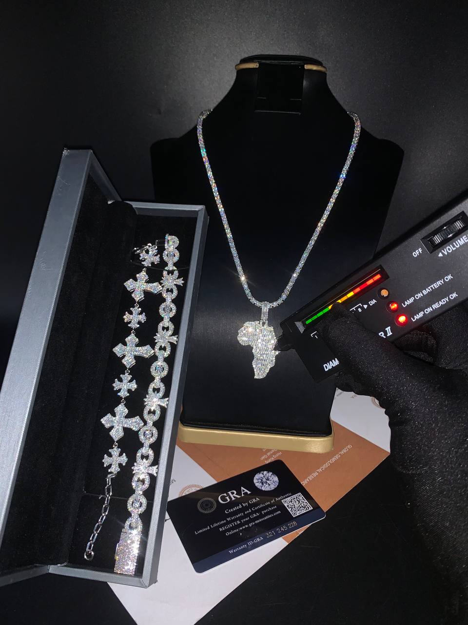 VVS Moissanite Diamond Bracelets, Map Pendant, and Tennis Necklace.
