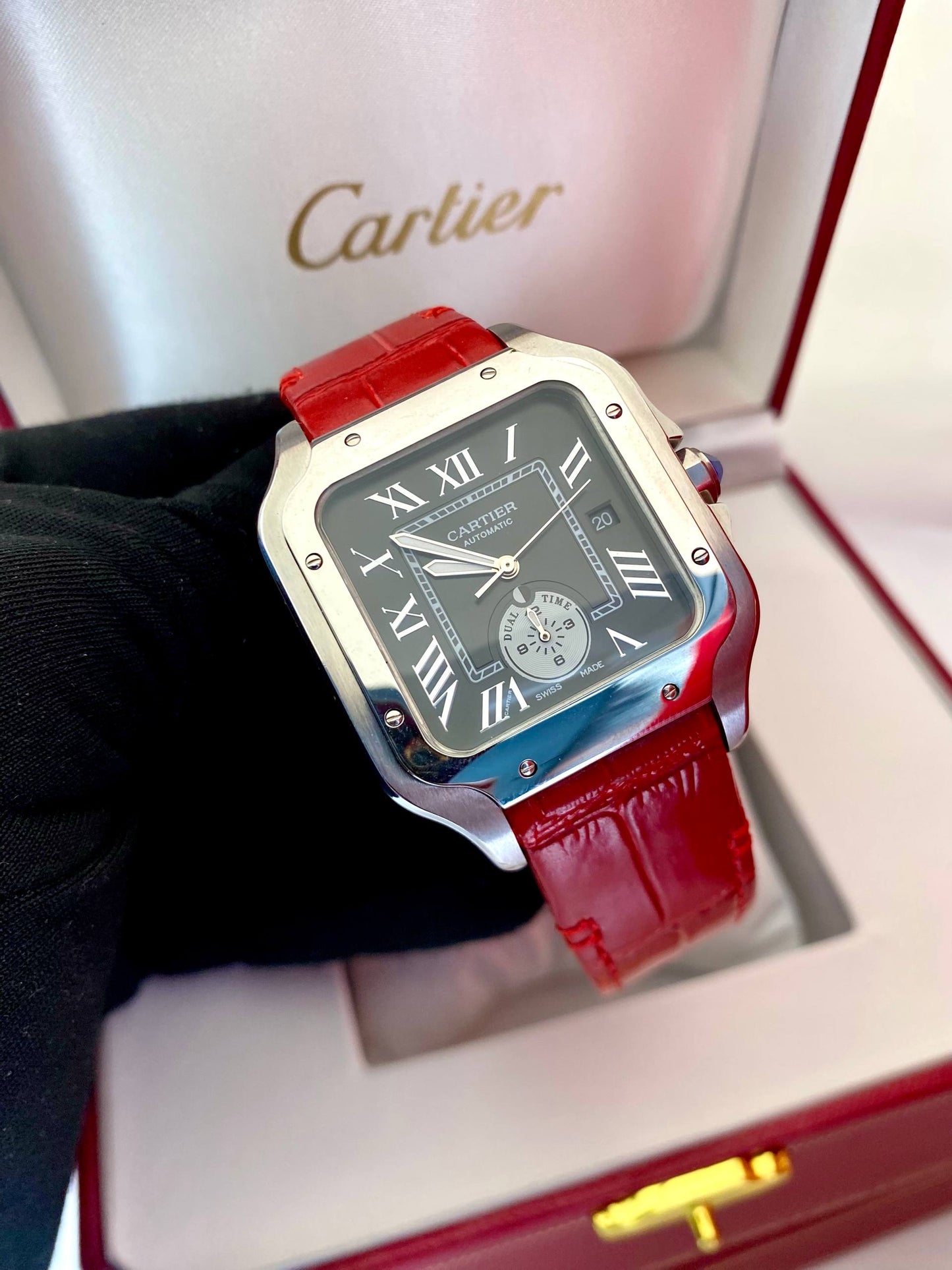 Cartier Santos Automatic Luxury Watch – Red Leather Strap