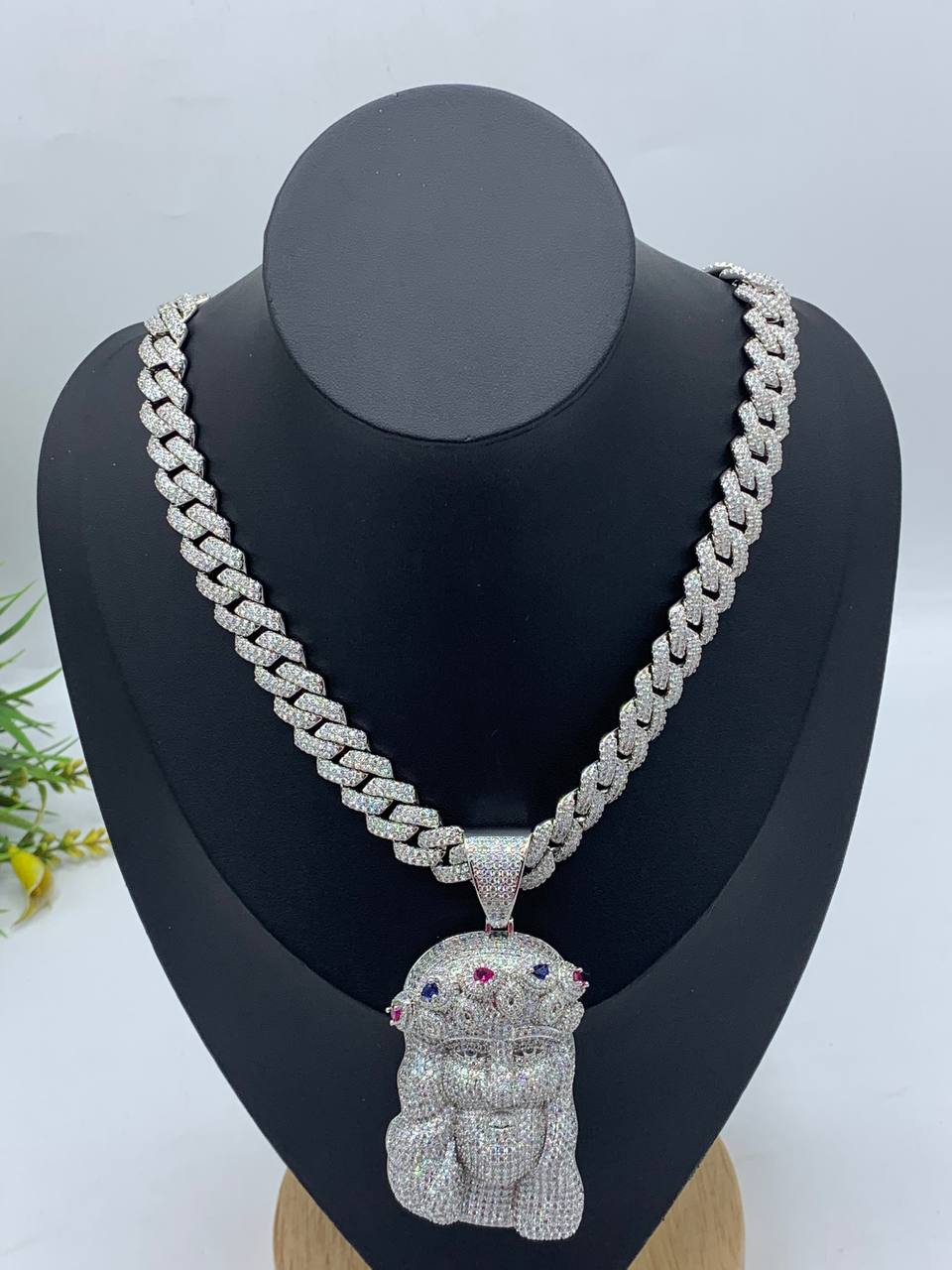 Zirconia Cuban Neck Chain with Jesus Pendant and Matching Bracelet